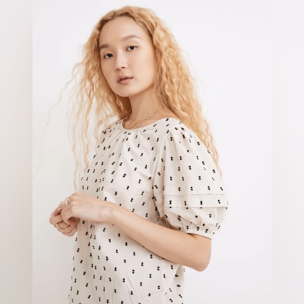 NWT Madewell Cream Top with Black Dots Tie-Back Puff-Sleeve in Clip Dot 2X Plus